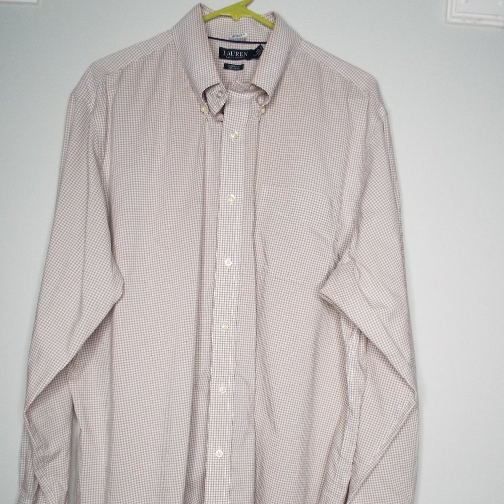 Lauren RL Men's Size 18 (36/37) Classic Fit Button Down Brown Check Dress Shirt